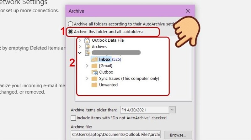 Chọn thư mục mà người dùng muốn sử dụng tính năng Archive