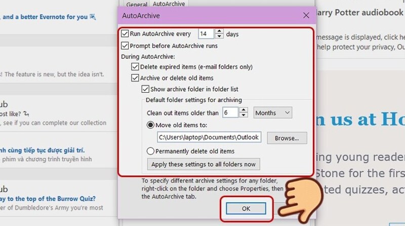Sau khi đã thiết lập các thông số xong, người dùng nhấn OK